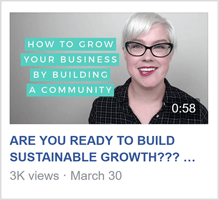 Para ensinar em um grupo do Facebook, Caitlin Bacher compartilha um vídeo como este com o texto How To Grow Seu Negócio Construindo uma Comunidade e uma imagem de Caitlin dos ombros para cima e de frente para o Câmera.