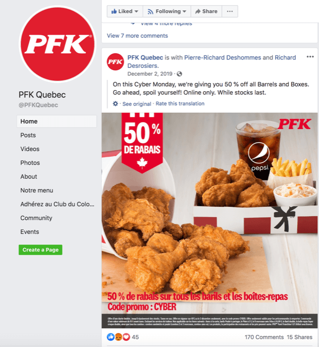 Página PFK no Facebook