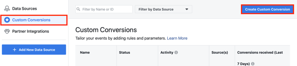 Use a ferramenta de configuração de eventos do Facebook, etapa 10, opção de menu para configurar conversões personalizadas para o seu pixel do Facebook 