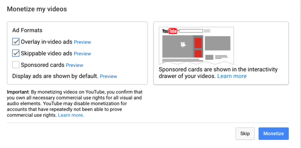 escolha os tipos de anúncio do youtube