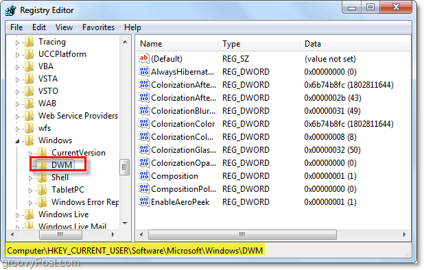 abra a chave de registro dwm no windows 7
