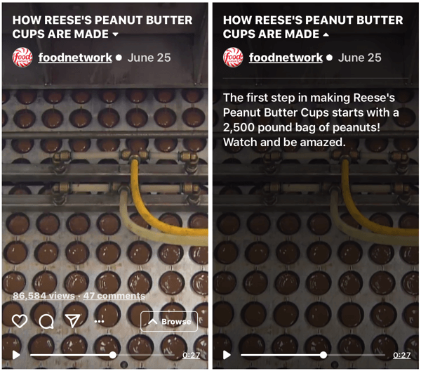 Exemplo de programa IGTV da Food Network demonstrando como os copos de manteiga de amendoim da Reese são feitos.