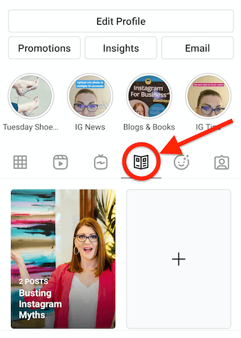 Perfil do Instagram com o ícone de guia de aparência de jornal presente e destacado, aparecendo ao lado do ícone igtv