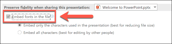 Opção incorporar fontes no PowerPoint