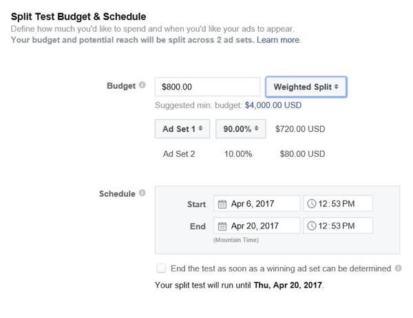 O Facebook permite que você controle quanto orçamento alocar para cada conjunto de anúncios.