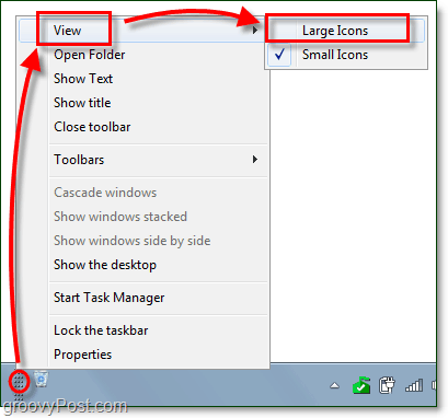 mostrar ícones grandes para uma barra de ferramentas da barra de tarefas no Windows 7