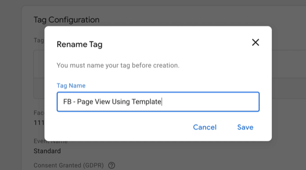 novo gerenciador de tags do google nova tag com opções de menu renomear tag com o novo nome de tag inserido como 'fb - visualização de página usando modelo'