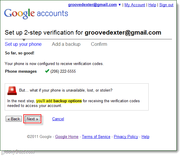 adicionar opções de backup de verificação em duas etapas do google