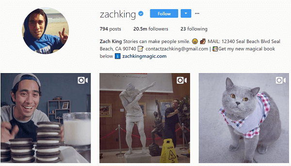 Embora tenha usado o Instagram para repassar seus Vines, Zach logo começou a criar conteúdo original para o Instagram.