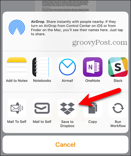 Toque em Dropbox na planilha Compartilhar no iOS