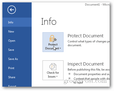 Proteger com senha e criptografar documentos do Office 2013: Clique em Proteger documento