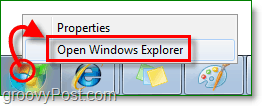 para entrar no Windows 7 Explorer, clique com o botão direito do mouse no orb inicial e clique em Abrir o Windows Explorer