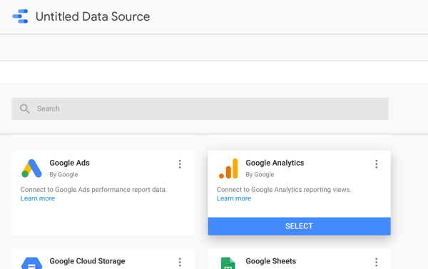 Use o Google Data Studio para analisar seus anúncios do Facebook, etapa 2, opção de usar o Google Analytics como sua fonte de dados
