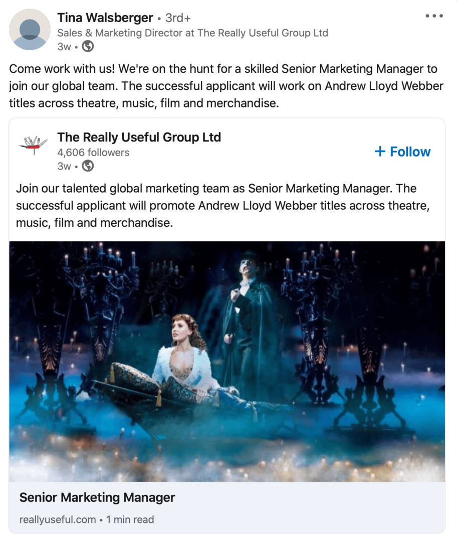 imagem da postagem de recrutamento da página da empresa do LinkedIn compartilhada novamente pelo funcionário no perfil pessoal
