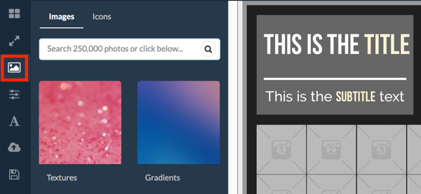 Clique no ícone da imagem no menu esquerdo para encontrar imagens de estoque no RelayThat.