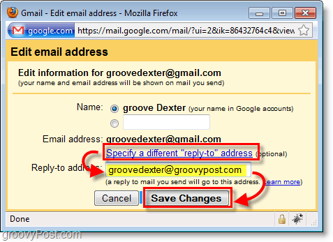 clique em especificar resposta diferente e digite o endereço de e-mail de resposta desejado.
