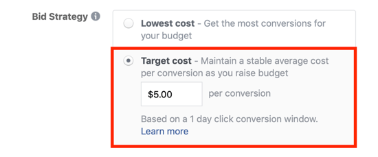 Opção de lance de custo alvo do Facebook.