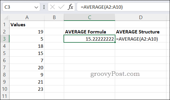 Exemplo de fórmula MÉDIA no Excel