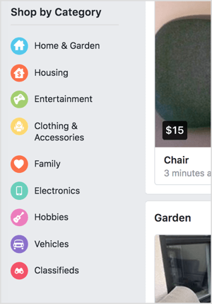 O Facebook Marketplace permite que você compre por categoria.