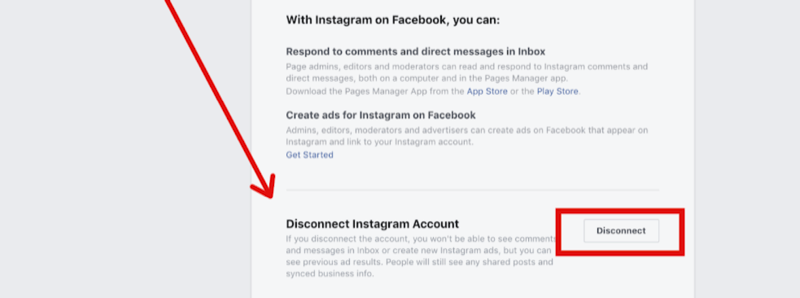 etapa 2 para desconectar a conta do Instagram nas configurações da página do Facebook