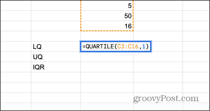 fórmula do quartil inferior do Google Sheets
