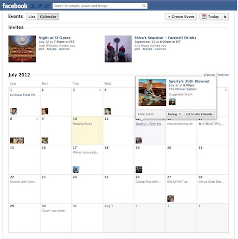 visualização do calendário de eventos do Facebook