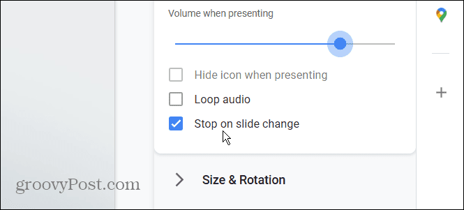Opções de áudio Google slides