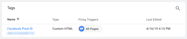 Use o Gerenciador de tags do Google com Facebook, etapa 7, veja a tag com o nome de seu pixel do Facebook