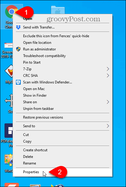 Selecione Propriedades para o atalho da área de trabalho do Chrome