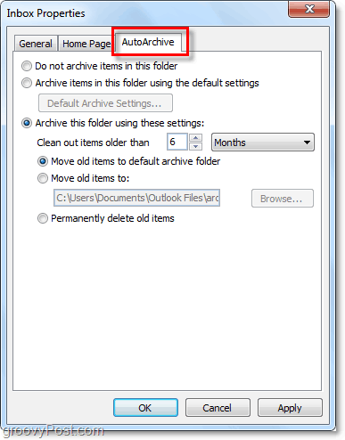 Guia da pasta de arquivamento automático do Outlook 2010