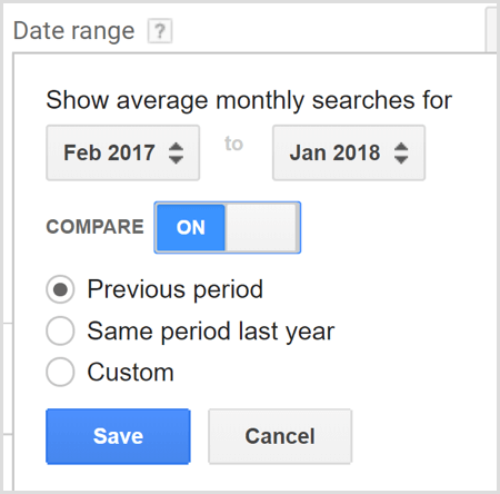 Pesquisa do planejador de palavras-chave do Google AdWords compara intervalos de datas