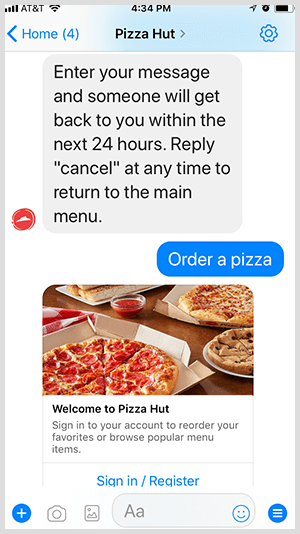 A Pizza Hut automatiza os pedidos de pizza pelo bot do Messenger.