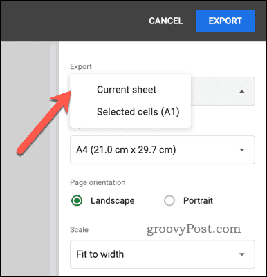 Escolhendo a opção de exportação para PDF no Planilhas Google