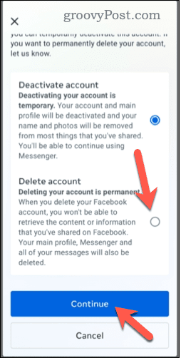 Escolhendo excluir uma conta do Facebook no celular