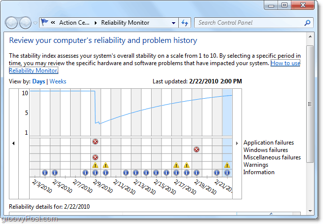descobrir quando um problema no Windows 7 começa pela primeira vez, observando as datas