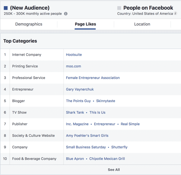 Curtidas de página para um público com base em interesses no Facebook Ads Manager.