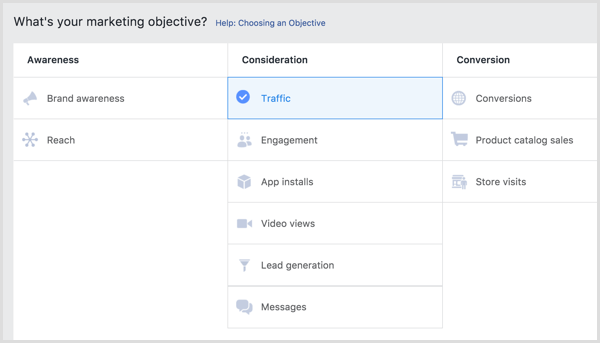 Objetivo do anúncio no Facebook