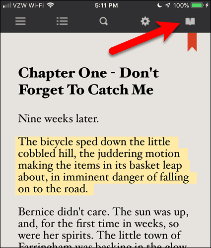 Toque no ícone de livro aberto em um eBook no BookFusion para iOS