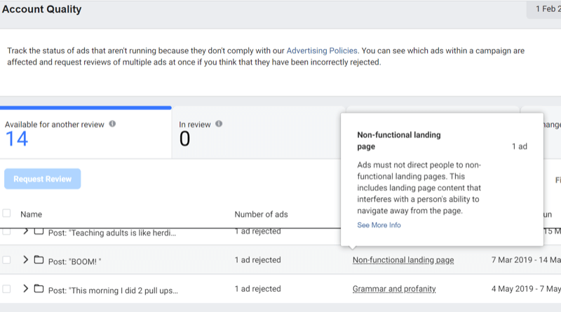 etapa 3 de como usar a ferramenta de qualidade de conta do Facebook