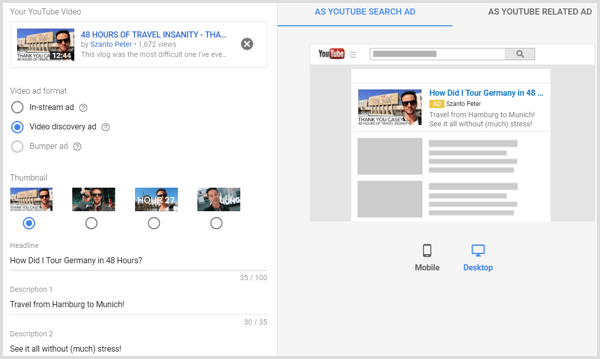 Configure o criativo de vídeo do YouTube para a campanha do AdWords.