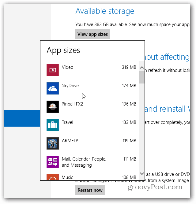 Tamanhos de aplicativos do Windows exibidos