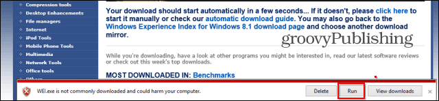 Aviso de download do Índice de Experiência do Windows