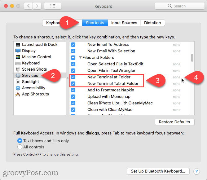 Clique em Nenhum para adicionar um atalho ao serviço Novo Terminal na Pasta em um Mac