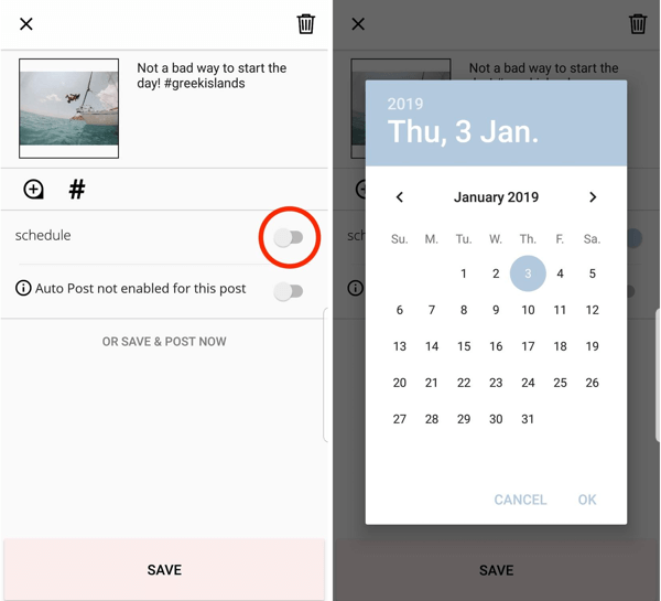 Para agendar sua postagem através do Planoly, toque na opção para agendar e selecione uma data e hora.
