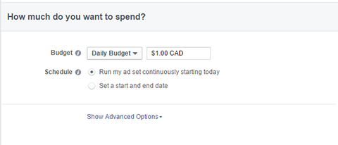 opções de orçamento para anúncios do Facebook