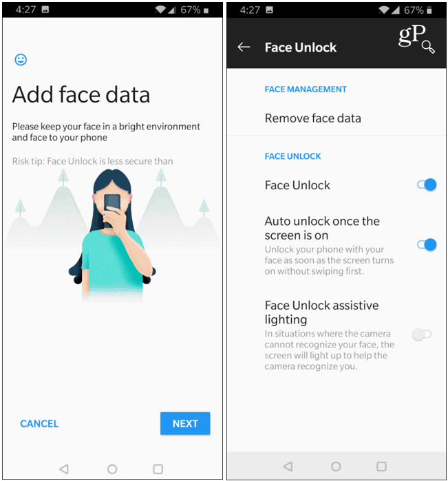 Dados de desbloqueio facial OnePlus 6T