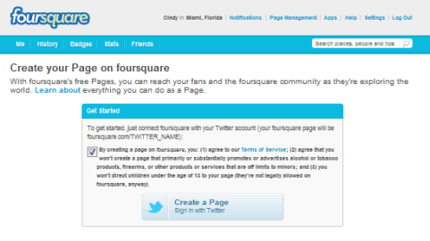 página de negócios do foursquare