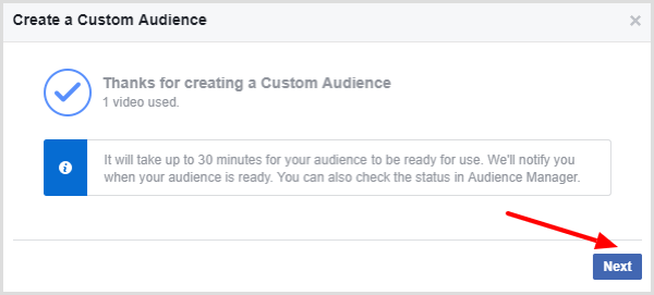 O Facebook exibe uma mensagem que confirma que seu público personalizado de vídeo terminou.