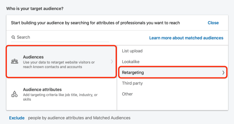 O LinkedIn cria um público-alvo com a opção de retargeting destacada