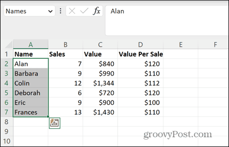 intervalo nomeado excel selecionado